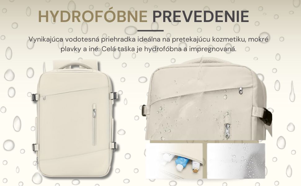 Batoh s hydrofóbnou úpravou a vodotesnou priehradkou, ideálny pre pretekajúcu kozmetiku, mokré plavky a iné. Celá taška je hydrofóbna a impregnovaná